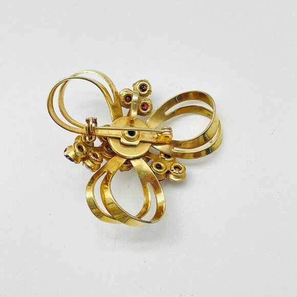 Cloverleaf Ribbon Pin Gold Tone Pink Clear Rhinestone Accents Nature Garden Tree - Picture 6 of 6